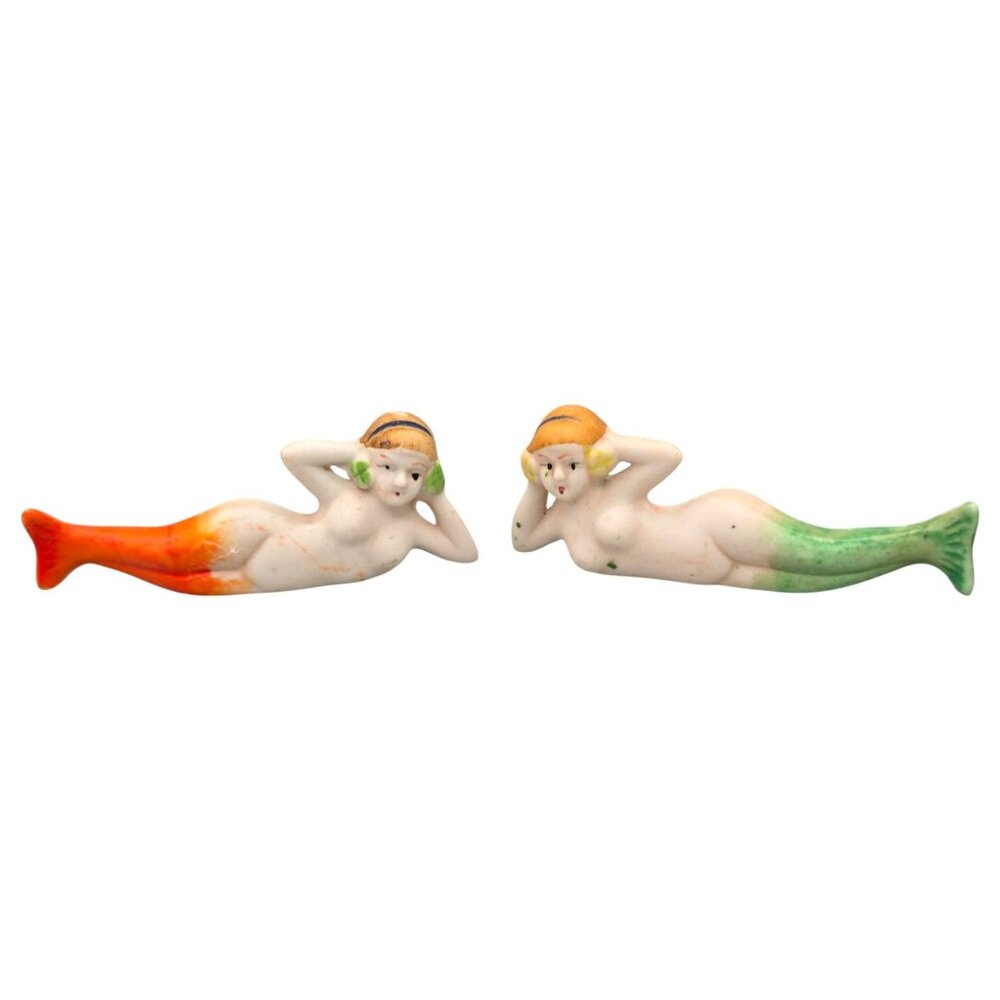 Pair Of Vintage Bisque Bathing Beauty Mermaid Figurines 3" Japan Female Nude